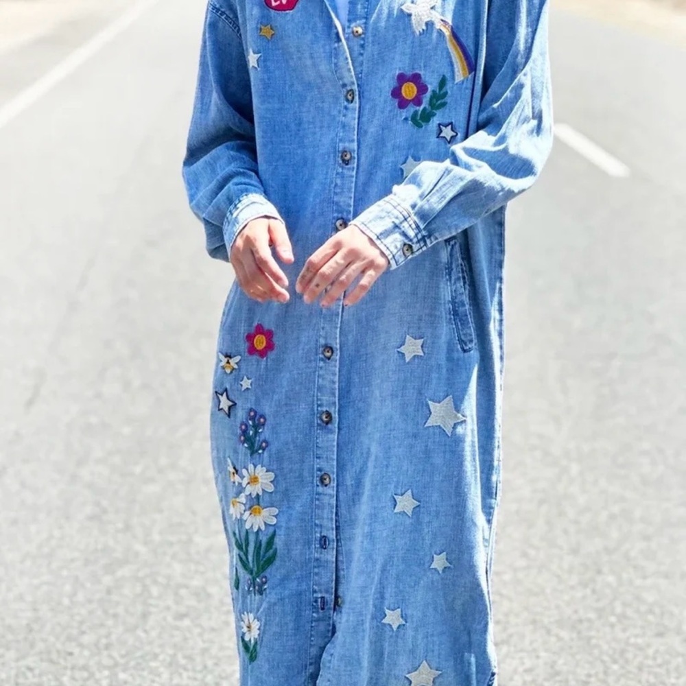 BILLY T Floral Embroidered Denim Dress XS